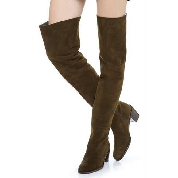 I0 NIB STUART WEITZMAN Hitest Olive Suede Stacked Heel Over The Knee Boots Sz 8 - Picture 2 of 12